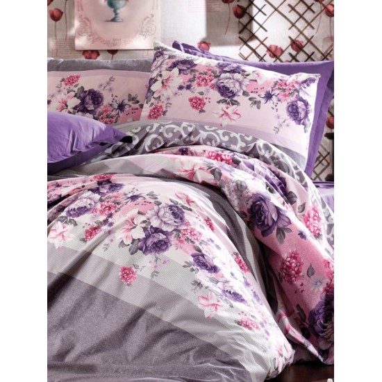 Lenjerie de Pat, Bumbac Ranforce  , 250 x 240 , 50X70,  220 X 200, 4 piese , model flori mov