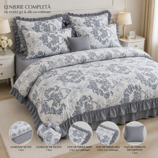 Lenjerie de pat   LUXURY   pentru 2 persoane ,  bumbac premium , model alb gri , cu 4 fete de perna cu volanase -ambalata in cutie eleganta 