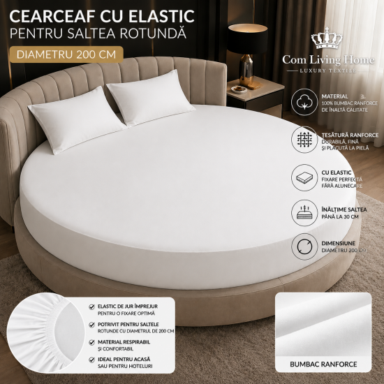 Cearceaf de pat cu elastic pentru saltea rotunda alb uni 