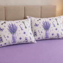 Cearceaf de pat  cu elastic , pentru o saltea de 1 persoana ,    140  x 200 cm , bumbac ranforce,   mov lavanda + 2 fete de perna cu model lavanda  nr 1