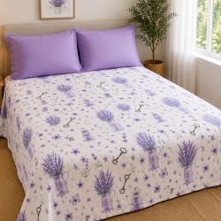 Cearceaf de pat  cu elastic , pentru o saltea de 1 persoana ,    140  x 200 cm , bumbac ranforce,   model  lavanda + 2 fete de perna mov uni