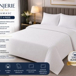 Lenjerie de Pat,  Damasc lux ,  2 persoane, 250 x 240 , 50X70, 220X200, 4 piese, alb uni  in cutie eleganta de carton  