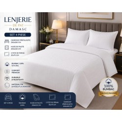 Lenjerie de Pat,  Damasc lux ,  2 persoane, 250 x 240 , 50X70, 220X200, 4 piese, alb uni  in cutie eleganta de carton  