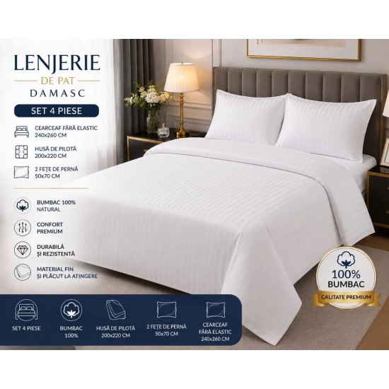 Lenjerie de Pat,  Damasc lux ,  2 persoane, 260 x 240 , 50X70, 200  X  200, 4 piese, alb uni  in cutie eleganta de carton  