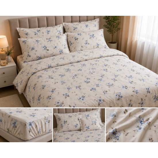 Cearceaf de pat  cu elastic , pentru o saltea de 1 persoana ,    140  x 200 cm , bumbac ranforce,   model cu floricele albastre