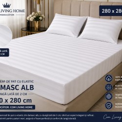 Cearceaf de pat  cu elastic , pentru  saltea de  2  persoane,   280  x 280 cm ,   damasc alb, in cutie de carton eleganta