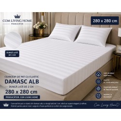 Cearceaf de pat  cu elastic , pentru  saltea de  2  persoane,   280  x 280 cm ,   damasc alb, in cutie de carton eleganta
