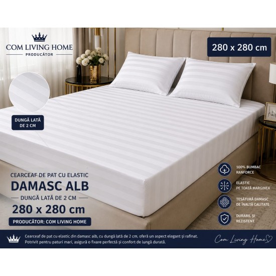 Cearceaf de pat  cu elastic , pentru  saltea de  2  persoane,   280  x 280 cm ,   damasc alb, in cutie de carton eleganta