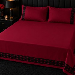 Cearceaf de pat dublu extra , simplu , fara elastic pentru saltele inalte,  280 x 280 cm , bumbac ranforce ,visiniu cu insertii negre premium + 2 fete de perna 50 x 70 cm 