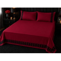 Cearceaf de pat dublu extra , simplu , fara elastic pentru saltele inalte,  280 x 280 cm , bumbac ranforce ,visiniu cu insertii negre premium + 2 fete de perna 50 x 70 cm 