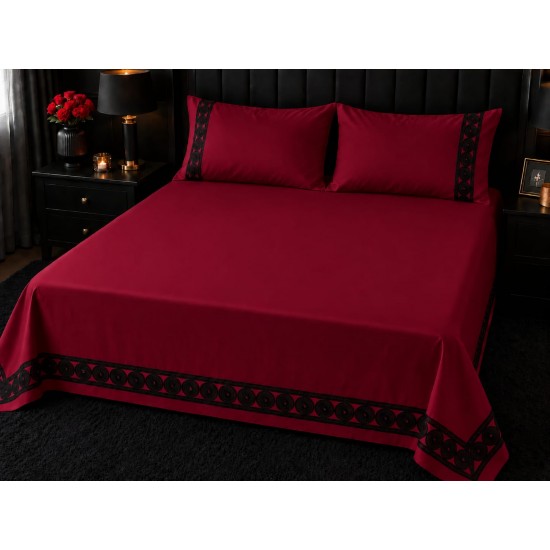 Cearceaf de pat dublu extra , simplu , fara elastic pentru saltele inalte,  280 x 280 cm , bumbac ranforce ,visiniu cu insertii negre premium + 2 fete de perna 50 x 70 cm 