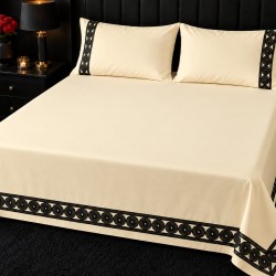 Cearceaf de pat dublu extra , simplu , fara elastic pentru saltele inalte,  280 x 280 cm , bumbac ranforce , bej deschis + 2 fete de perna 50 x 70 cm  cu insertii negre premium 