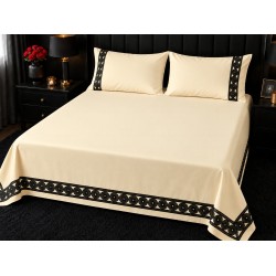 Cearceaf de pat dublu extra , simplu , fara elastic pentru saltele inalte,  280 x 280 cm , bumbac ranforce , bej deschis + 2 fete de perna 50 x 70 cm  cu insertii negre premium 