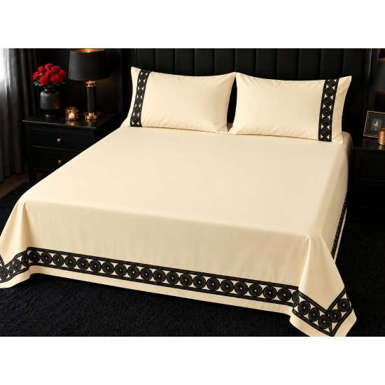 Cearceaf de pat dublu extra , simplu , fara elastic pentru saltele inalte,  280 x 280 cm , bumbac ranforce , bej deschis + 2 fete de perna 50 x 70 cm  cu insertii negre premium 