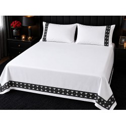 Cearceaf de pat dublu extra , simplu , fara elastic pentru saltele inalte,  280 x 280 cm , bumbac ranforce , alb uni + 2 fete de perna 50 x 70 cm  cu insertii negre premium 