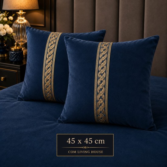 Set 2 fete de perna  decorative 45 x 45 cm, catifea albastra cu accesoriu auriu 