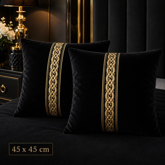 Set 2 fete de perna decorative catifea  neagra 45 x 45 cm , cu accesorii aurii 