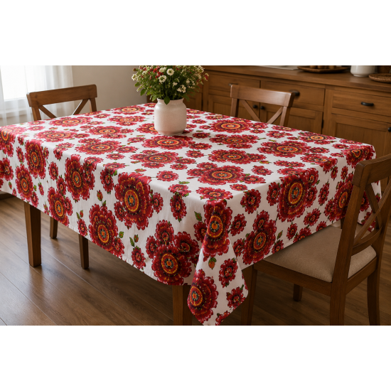 Fata de masa  model  flori , bumbac impermeabil , 160 x 2,5 m , ideala pentru 8 -10 persoane , antimurdarire 