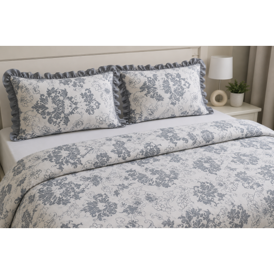 Lenjerie de pat   LUXURY   pentru 2 persoane ,  bumbac premium , model alb gri , cu 4 fete de perna cu volanase -ambalata in cutie eleganta 