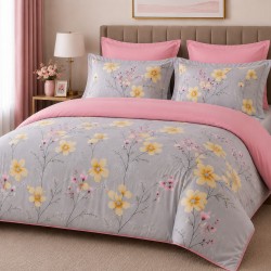 Lenjerie de Pat, Bumbac Ranforce ,   2 persoane, 250 x 240 , 50X70, 220X200, 6 piese,  model flori cu roz uni 
