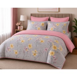 Lenjerie de Pat, Bumbac Ranforce ,   2 persoane, 250 x 240 , 50X70, 220X200, 6 piese,  model flori cu roz uni 