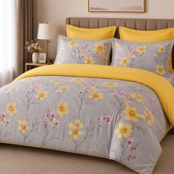 Lenjerie de Pat, Bumbac Ranforce   ,250 x 240 cm, 50X70,  180 X 200,  4 piese, Galben cu floricele