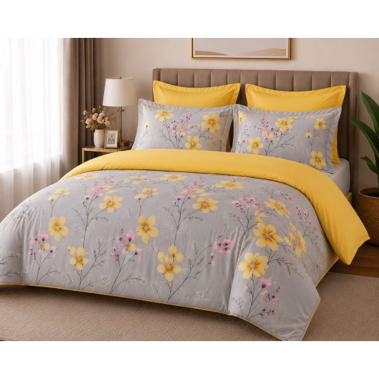 Lenjerie de Pat, Bumbac Ranforce   ,250 x 240 cm, 50X70,  180 X 200,  4 piese, Galben cu floricele