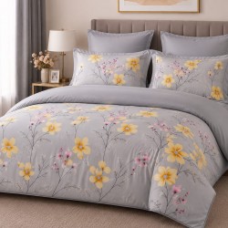 Lenjerie de Pat, Bumbac Ranforce  , 250 x 240 , 50X70,  220 X 200, 4 piese , Gri cu model flori galbene 