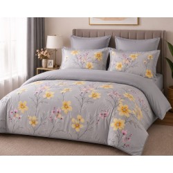 Lenjerie de Pat, Bumbac Ranforce  , 250 x 240 , 50X70,  220 X 200, 4 piese , Gri cu model flori galbene 