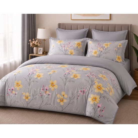 Lenjerie de Pat, Bumbac Ranforce  , 250 x 240 , 50X70,  220 X 200, 4 piese , Gri cu model flori galbene 