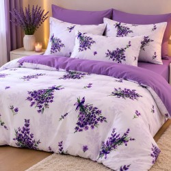Lenjerie de Pat, Bumbac Ranforce  cu elastic la saltea,  2 persoane, 240 x 240 , 50X70,  4 0 x 40 , 240 X 260, 6  piese,  Model Lavanda  nr 2