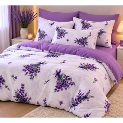 Lenjerie de Pat, Bumbac Ranforce  cu elastic la saltea,  2 persoane, 240 x 240 , 50X70,  4 0 x 40 , 240 X 260, 6  piese,  Model Lavanda  nr 2