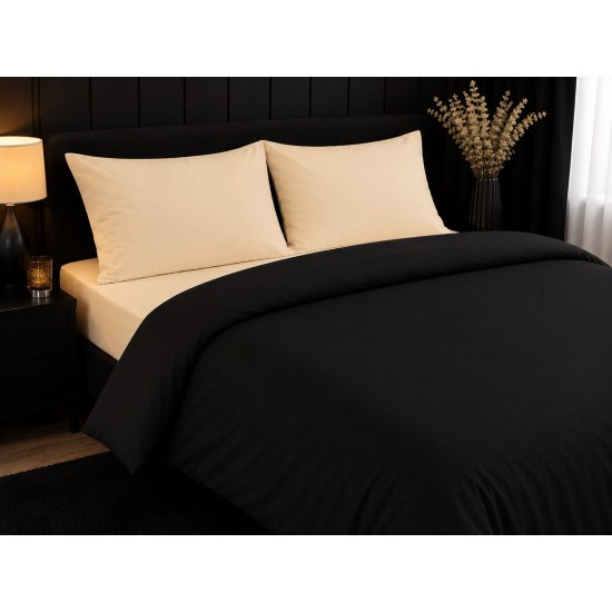 Lenjerie de Pat, Bumbac Ranforce ,   2 persoane, 250 x 240 , 50X70, 180 X 200, 4 piese,  Black - Butter Cream 