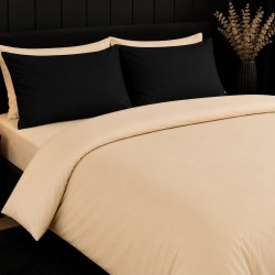 Lenjerie de Pat, Bumbac Ranforce ,   2 persoane, 250 x 240 , 50X70, 180 X 200, 4 piese,  Crem unt -Negru 