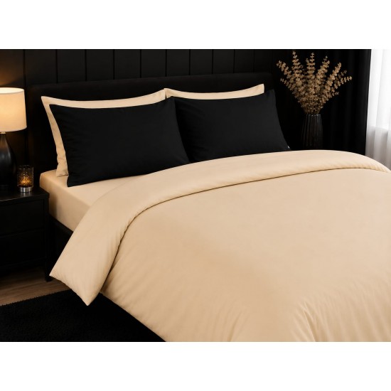 Lenjerie de Pat, Bumbac Ranforce ,   2 persoane, 250 x 240 , 50X70, 180 X 200, 4 piese,  Crem unt -Negru 