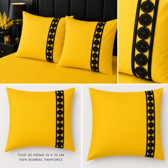 Lenjerie de Pat deluxe  Bumbac Ranforce., 250 x 240 cm,  50X70,  180 X 200,  4 piese  Galben , cu accesoriu negru premium