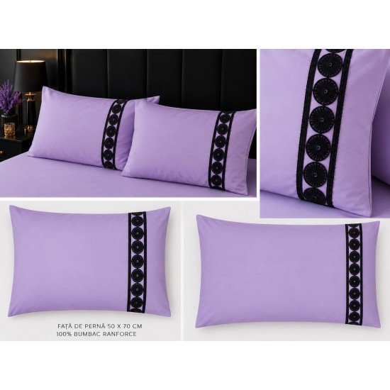 Lenjerie de Pat deluxe  Bumbac Ranforce., 250 x 240 cm,  50X70,  180 X 200,  4 piese  Lila deschis , cu accesoriu negru premium