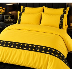 Lenjerie de Pat deluxe  Bumbac Ranforce., 250 x 240 cm,  50X70,  180 X 200,  4 piese  Galben , cu accesoriu negru premium