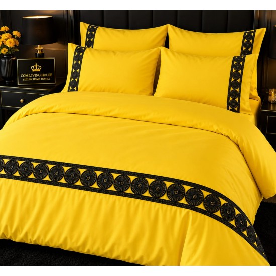Lenjerie de Pat deluxe  Bumbac Ranforce., 250 x 240 cm,  50X70,  180 X 200,  4 piese  Galben , cu accesoriu negru premium