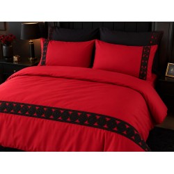 Lenjerie de Pat deluxe  Bumbac Ranforce., 250 x 240 cm,  50X70,  180 X 200,  4 piese  Rosu Uni  , cu accesoriu negru premium