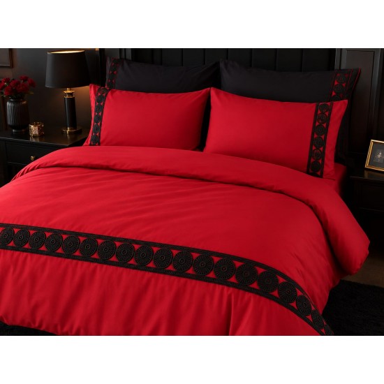 Lenjerie de Pat deluxe  Bumbac Ranforce., 250 x 240 cm,  50X70,  180 X 200,  4 piese  Rosu Uni  , cu accesoriu negru premium