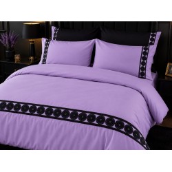 Lenjerie de Pat deluxe  Bumbac Ranforce., 250 x 240 cm,  50X70,  180 X 200,  4 piese  Lila deschis , cu accesoriu negru premium