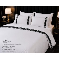 Lenjerie de Pat deluxe  Bumbac Ranforce., 250 x 240 cm,  50X70,  180 X 200,  4 piese Alb uni cu accesoriu negru premium 