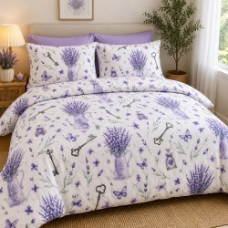 Lenjerie de Pat, Bumbac Ranforce  , 250 x 240 , 50X70,  70 x 50 cm ,  220 X 200, 6 piese Mov cu model lavanda  1