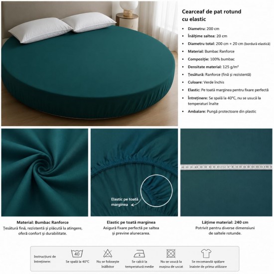 Cearceaf de pat cu elastic pentru saltea rotunda verde inchis 
