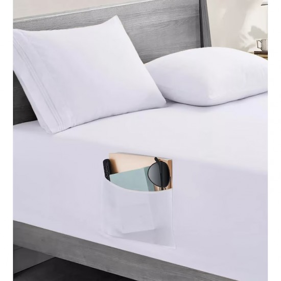 Cearceaf de pat din bumbac ranforce, cu buzunare laterale Storage Pockets Smart, pentru depozitare telefon sau telecomanda tv, 260 x 260, alb uni