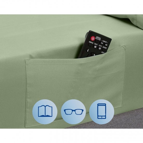 Cearceaf de pat din bumbac ranforce, cu buzunare laterale Storage Pockets Smart, pentru depozitare telefon sau telecomanda tv, 260 x 260, verde deschis