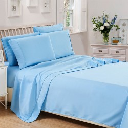 Set cearceaf de pat cu elastic din bumbac ranforce 100% 240 x240 cm albastru uni,2 fete de perna 50x70 cm