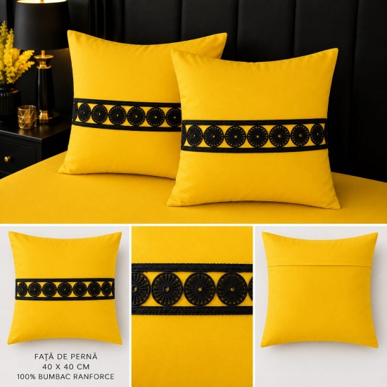 Set 2 fete de perna 40x40 cm bumbac ranforce  deluxe galben  cu accesoriu negru premium 