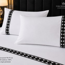Set 2 fete de perna 50x70 cm bumbac ranforce alb uni cu accesoriu negru premium 